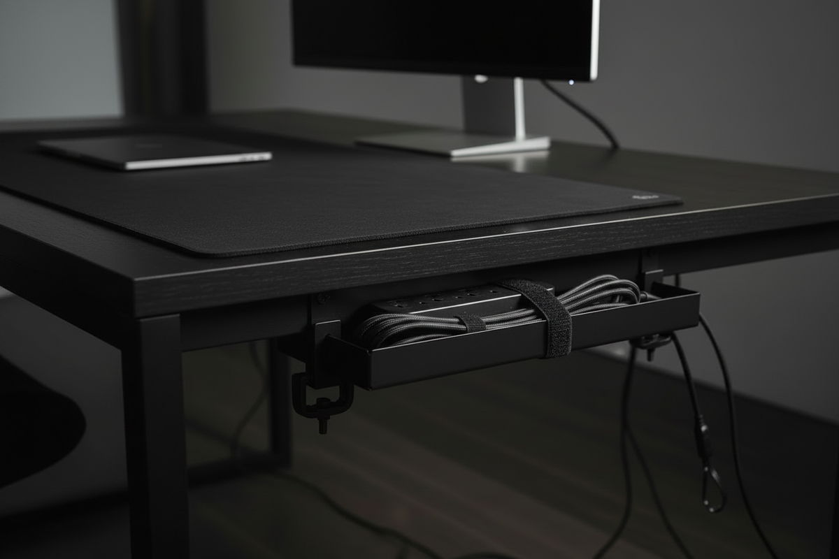Premium 30 cm under-desk cable tray organizing cables and a power strip beneath a wooden desk for a clean workspace.