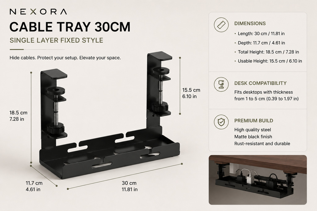 30 cm premium under-desk cable tray in matte black with product dimensions, designed for clean cable management, hidden power strips, and minimalist home office organization.