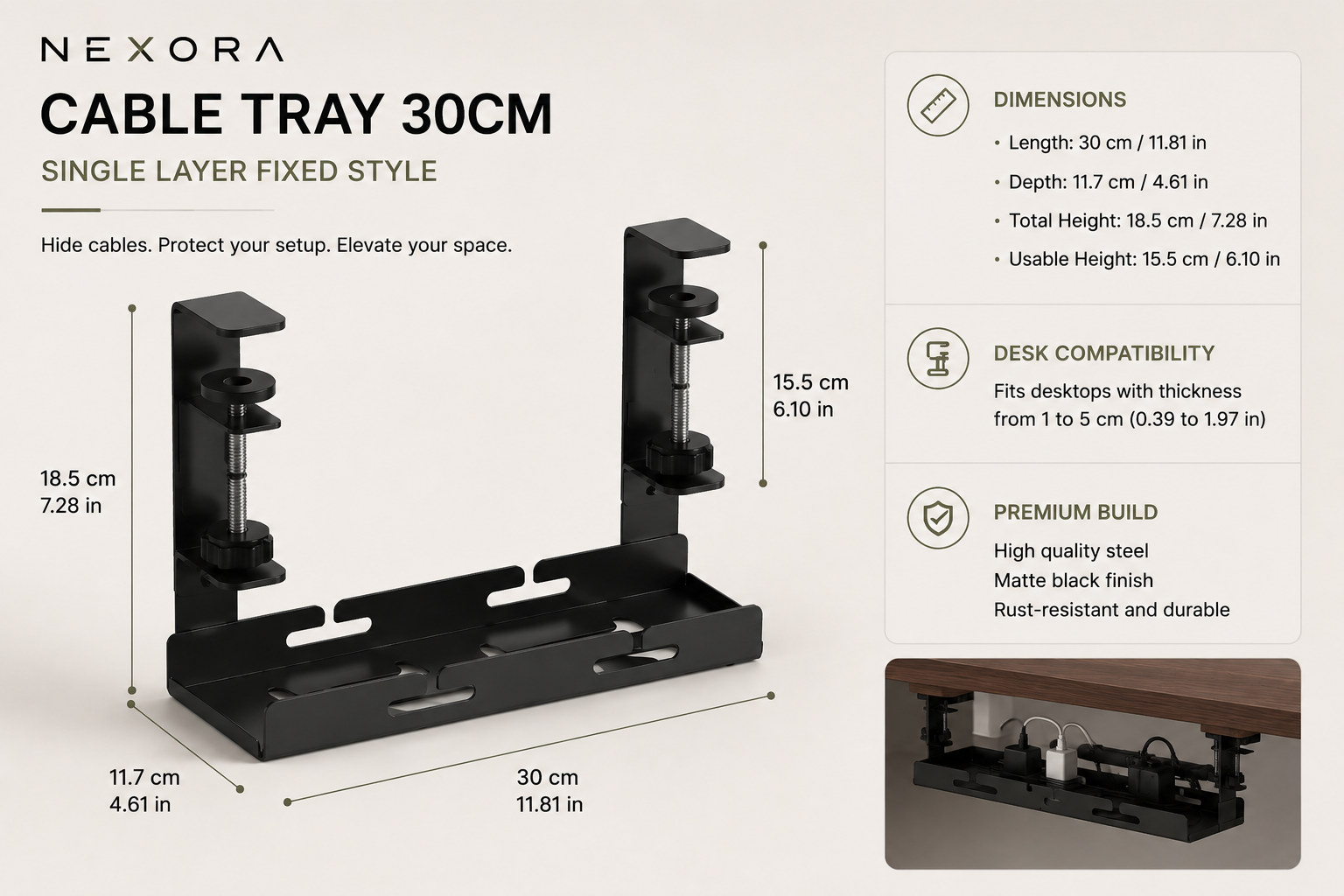 30 cm premium under-desk cable tray in matte black with product dimensions, designed for clean cable management, hidden power strips, and minimalist home office organization.
