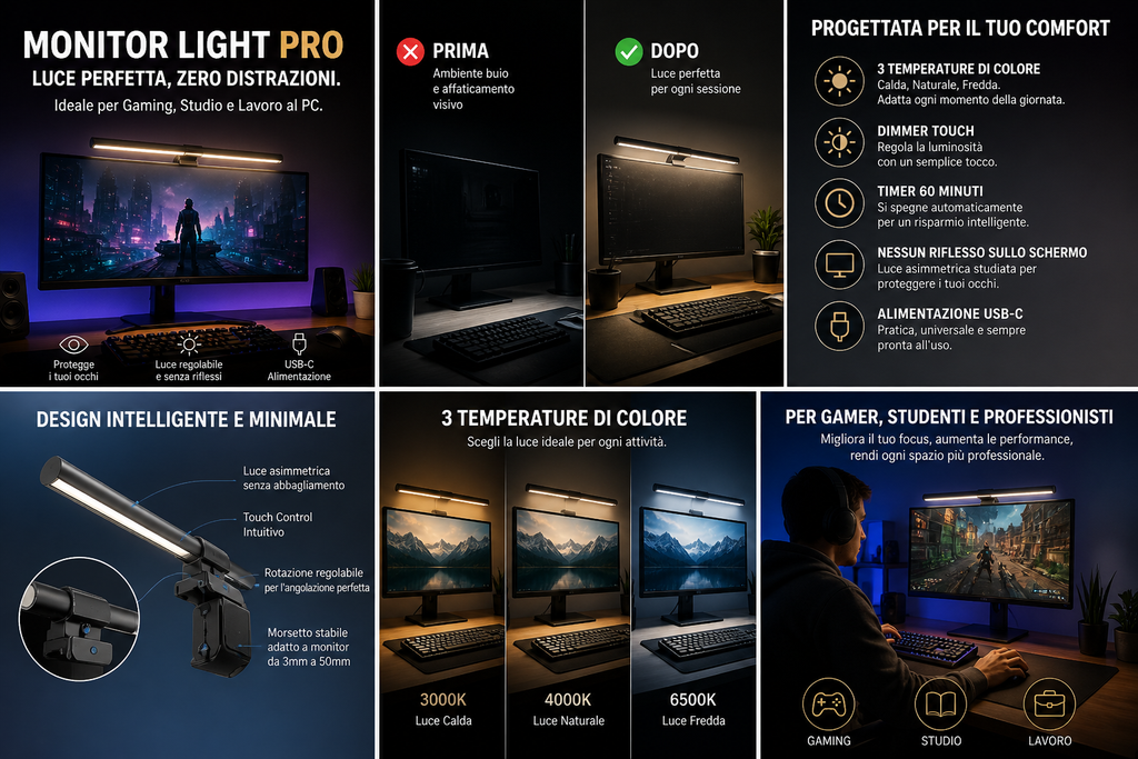 Monitor Light PRO – Setup Gaming & Lavoro Senza Affaticare gli Occhi