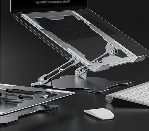 Close-up of the adjustable hinge mechanism of the aluminum laptop stand.