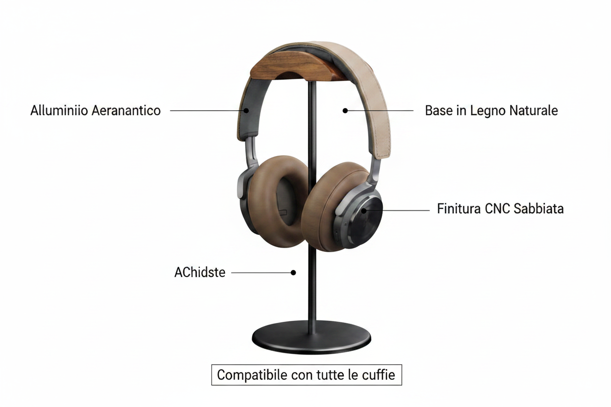 Supporto cuffie premium – infografica features alluminio legno