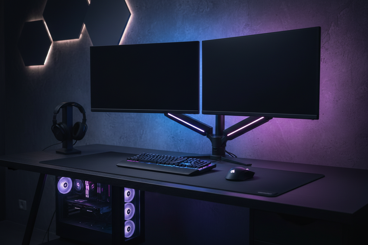 Supporto monitor doppio gaming setup dark RGB premium